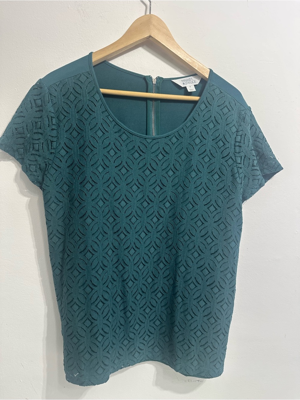 Market & Spruce Teal Short Sleeve Lace Overlay Top